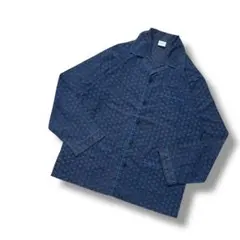 ユーロ古着　ヴィンテージ　パジャマシャツ　総柄　パイピング　ネイビー　L