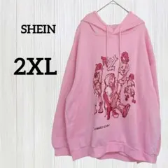 訳あり SHEIN ピンク グラフィック パーカー【2XL】裏起毛 大きめ