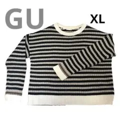 GU ストライプ リブ編み セーター 白黒茶XL