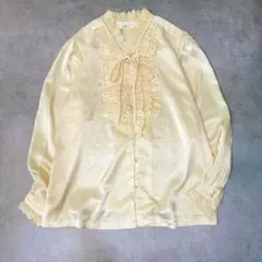 昭和 レトロ フリルネック レース リボンタイ サテン調 ブラウス イエローのサムネイル