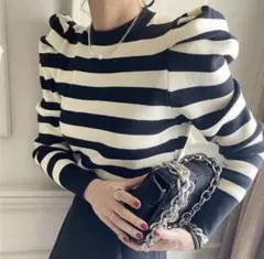 ボーダー柄パフスリーブニットトップス 白黒 モノトーン