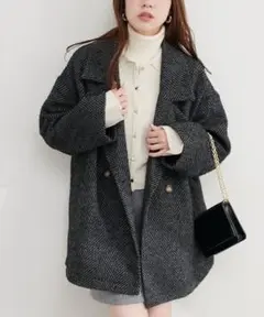 natural couture ヘリンボーンミドル丈コート グレー