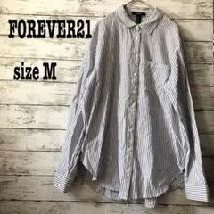 FOREVER21 【M】長袖ストライプシャツ 　シンプル　ネイビー　ホワイト
