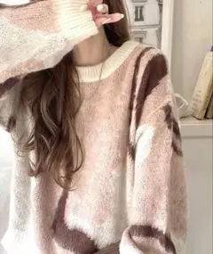 ウェーブ柄 ダブル ジャガード シャギー ニット オーバーサイズプルオーバー