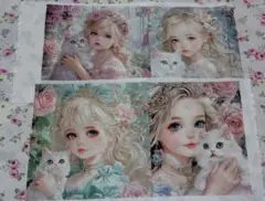 パネル生地　女の子と猫　お姫様　プリンセス　白猫　花　薔薇