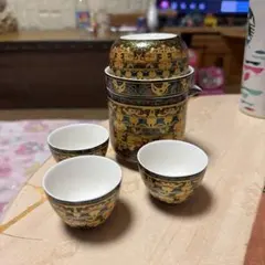平安 手塚桐鳳造 京焼 赤絵 唐草唐子【茶道具 茶箱用三点セット】三つ