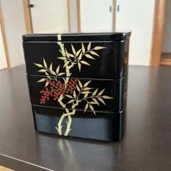 黒漆調 三段重箱 南天柄 蒔絵風　会津塗　新品未使用