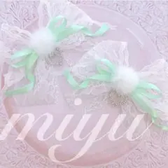 ヘアクリップ　（レースリボン♡ぽんぽんハートチャーム）ロリィタ　ミントグリーン♡