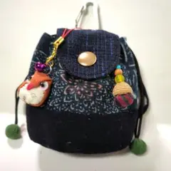 藍染、古布型染★ミニミニリュック形巾着★カラビナ、フクロウストラップ付き★手作り