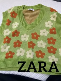 ZARA花柄グリーンニットベスト