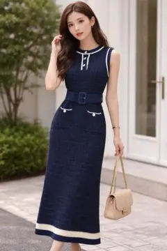 Pinky&Dianne 冨永愛コラボ ツイードニットワンピ ベルト付 美ライン