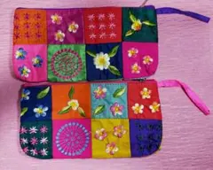 【新品・未使用】パッチワーク 刺繍ポーチ 小物入 花柄 アジアン雑貨 2個セット