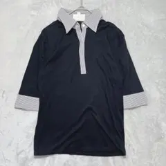 ナチュラルビューティー　フェイクレイヤード Mストライプ カットソー 黒シャツ