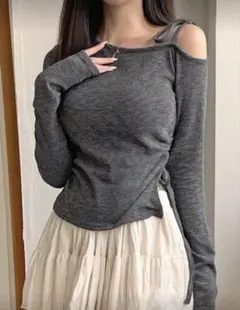 【値下げ中‼️】ワンショルダー リボン付きトップス　グレー　【L】　y2k