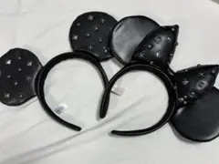 ミニー ミッキーリボン カチューシャ スタッズ付き 黒 ブラック 2点セット