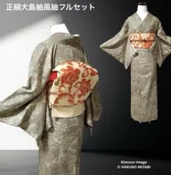 正絹　紬　大島紬風　小紋　フルセット　４点 未着用　S〜M カ1-6