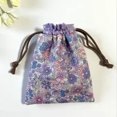 ハンドメイド　ミニ巾着　花柄　パープル　内布付き