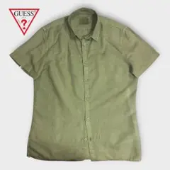 ◆リネン混◆ミリタリー◆GUESS 半袖シャツ M オリーブカラー ロゴ刺繍のサムネイル