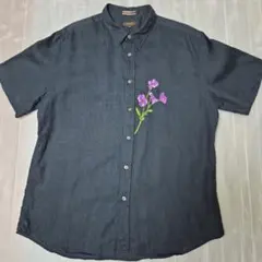【XL】ポールスミスコレクション リネン 半袖シャツ パンジー刺繍 紺のサムネイル