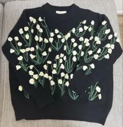 花柄刺繍 長袖ニット 黒