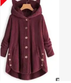 ワインレッド 猫耳フード付きパーカー