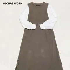 グローバルワーク 異素材ワンピース M 配色 ロング丈　体型カバー　ナチュラル✨