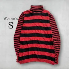 【グランジ】赤×黒 ボーダー ニット セーター ハイネック Y2K パンク