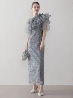 3WAYチュールラッフルフラワースパンコールIラインワンピースドレス結婚式二次会