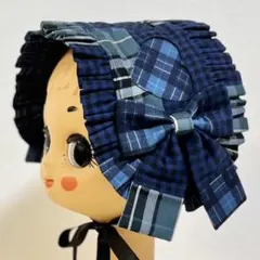 パッチワーク ハート ヘッドドレス(青チェック)ハンドメイド ロリータ ロリィタ