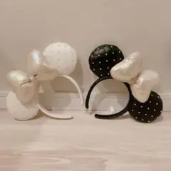 2個 パール レザー キルティング　ミニー カチューシャ ホワイト ブラック