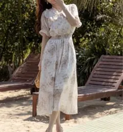 DAY CLOSETレディース 小花柄ボウタイシフォンAラインリゾートワンピース