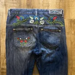 Y2Kグランジ花柄刺繍フレアデニム
