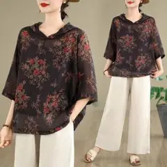 プリント フード付き トップス 大きいサイズ カジュアル 七分袖 ブラウス