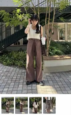 Kastane デニムタックワイドパンツ ブラウン
