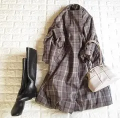 ミラオーウェン 上質 軽量暖かAライン 着流し ロング ダウン コート チェック