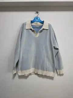 ZARA ザラ ストライプ ポロシャツ ニット ライトブルー