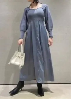 【美品】FRAY I.D スクエアーネックコンビワンピース ブルー　ロング