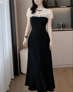 【新品未着用タグ付き】ロングワンピース★チャイナ風 モノトーン レース 結婚式