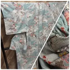 Z-969水色地 花の総柄 正絹 波模様 小紋着物 正絹袷着物 暈し八掛10/9