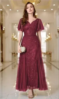 バーガンディ フレアスリーブ ロングドレス