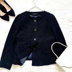 美品 theory セオリー ノーカラー ツイードジャケット 黒ラメ ママスーツ