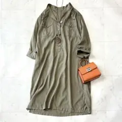 美品 レキップ ヨシエイナバ 洗える シルク100％ シャツワンピース カーキ