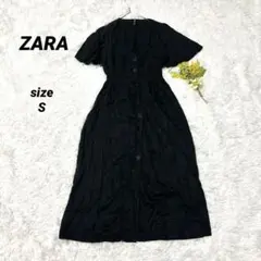 ザラ ロングシャツワンピース Vネック 半袖 ウエストゴム フロントボタン 黒