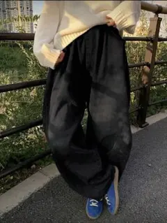 ブラック ワイドパンツ ゴムウエスト