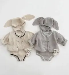 ウサギ耳付きニットロンパース・カーディガンセット80