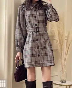 チェック柄 長袖ミニワンピース