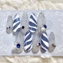 現品　青系 マグネット ラメグラデーション 縞模様 ストーン ネイルチップセット