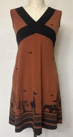 Bou jeloud オレンジ色の袖なしワンピース サバンナの動物のシルエット