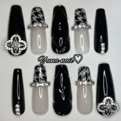 ネイルチップ ワンホンネイル　韓国ネイル　千鳥柄　キラキラ　黒ネイル