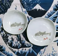 最終特価！✨片岡鶴太郎✨画伯作『河豚』美濃焼 陶器製ふぐ絵 中皿＆小鉢２点組